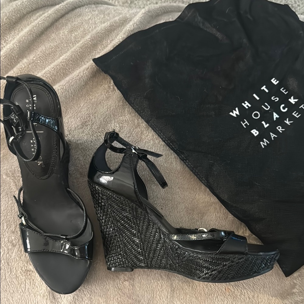 White House Black Market Glossy Black Wedges